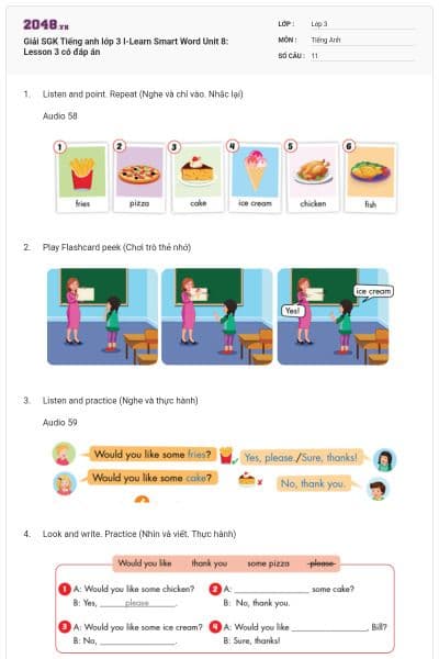 Giải SGK Tiếng anh lớp 3 I-Learn Smart Word Unit 8: Lesson 3 có đáp án