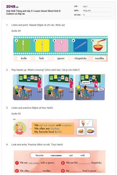 Giải SGK Tiếng anh lớp 3 I-Learn Smart Word Unit 8: Culture có đáp án