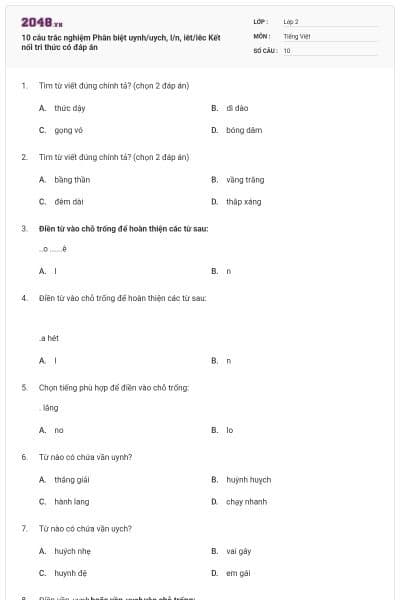 10 câu trắc nghiệm Phân biệt uynh/uych, l/n, iêt/iêc Kết nối tri thức có đáp án