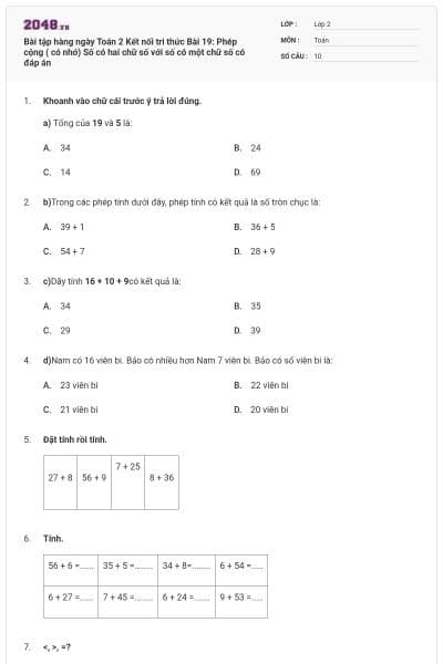 Bài tập hàng ngày Toán 2 Kết nối tri thức Bài 19: Phép cộng ( có nhớ) Số có hai chữ số với số có một chữ số có đáp án