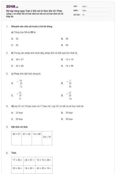 Bài tập hàng ngày Toán 2 Kết nối tri thức Bài 20: Phép cộng ( có nhớ) Số có hai chữ số với số có hai chữ số có đáp án