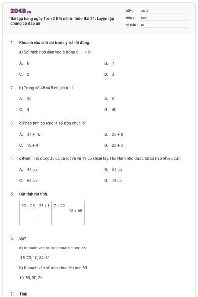 Bài tập hàng ngày Toán 2 Kết nối tri thức Bài 21: Luyện tập chung có đáp án