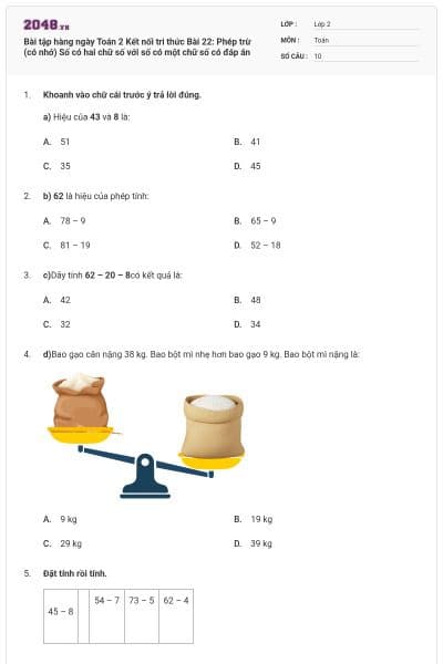 Bài tập hàng ngày Toán 2 Kết nối tri thức Bài 22: Phép trừ (có nhớ) Số có hai chữ số với số có một chữ số có đáp án