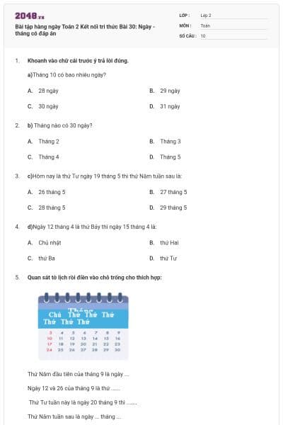 Bài tập hàng ngày Toán 2 Kết nối tri thức Bài 30: Ngày - tháng có đáp án