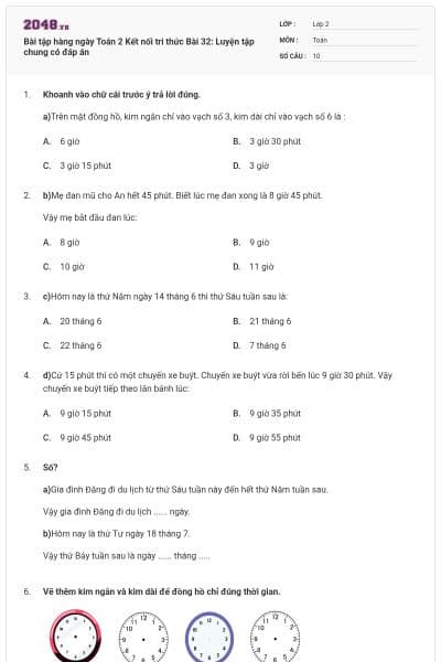 Bài tập hàng ngày Toán 2 Kết nối tri thức Bài 32: Luyện tập chung có đáp án