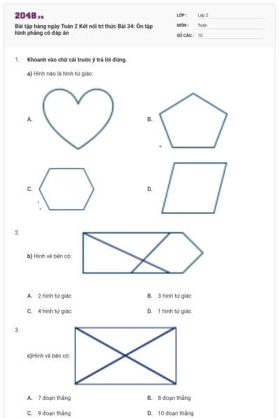 Bài tập hàng ngày Toán 2 Kết nối tri thức Bài 34: Ôn tập hình phẳng có đáp án