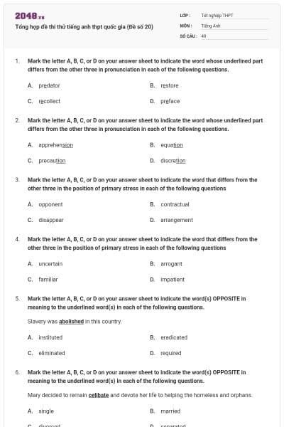 Tổng hợp đề thi thử tiếng anh thpt quốc gia (Đề số 20)