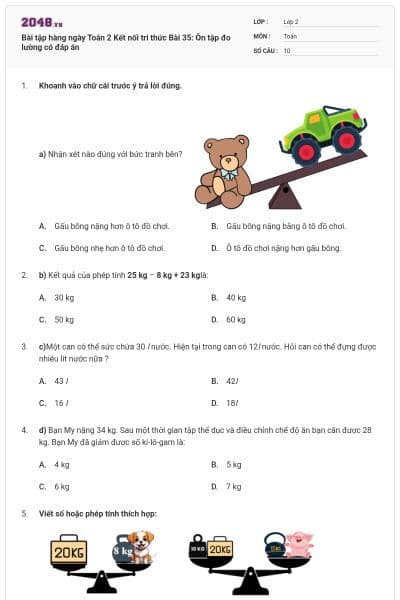 Bài tập hàng ngày Toán 2 Kết nối tri thức Bài 35: Ôn tập đo lường có đáp án