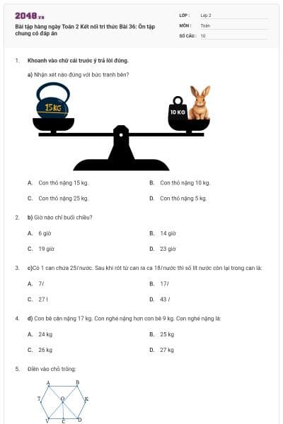 Bài tập hàng ngày Toán 2 Kết nối tri thức Bài 36: Ôn tập chung có đáp án