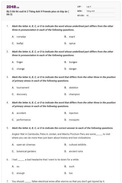 Bộ 5 Đề thi cuối kì 2 Tiếng Anh 9 Friends plus có đáp án ( Đề 3)