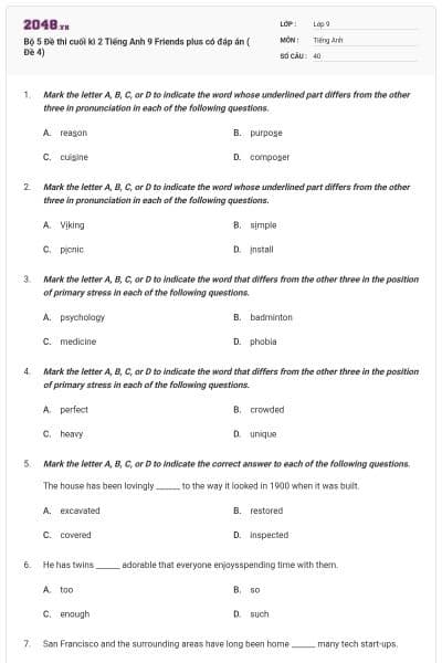 Bộ 5 Đề thi cuối kì 2 Tiếng Anh 9 Friends plus có đáp án ( Đề 4)