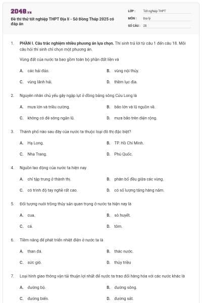Đề thi thử tốt nghiệp THPT Địa lí - Sở Đồng Tháp 2025 có đáp án