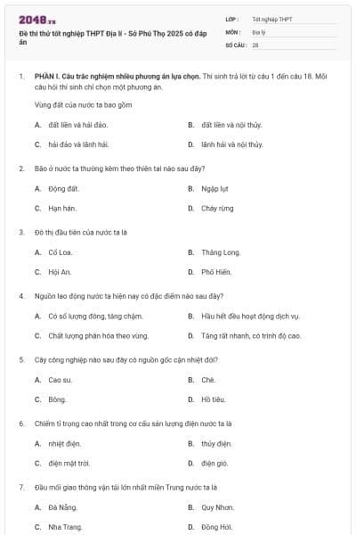 Đề thi thử tốt nghiệp THPT Địa lí - Sở Phú Thọ 2025 có đáp án
