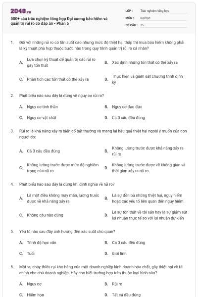 500+ câu trắc nghiệm tổng hợp Đại cương bảo hiểm và quản trị rủi ro có đáp án - Phần 6