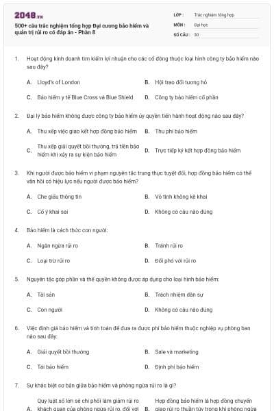 500+ câu trắc nghiệm tổng hợp Đại cương bảo hiểm và quản trị rủi ro có đáp án - Phần 8