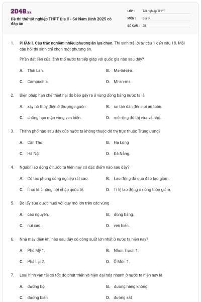 Đề thi thử tốt nghiệp THPT Địa lí - Sở Nam Định 2025 có đáp án