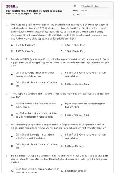 500+ câu trắc nghiệm tổng hợp Đại cương bảo hiểm và quản trị rủi ro có đáp án - Phần 14