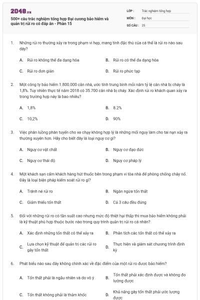 500+ câu trắc nghiệm tổng hợp Đại cương bảo hiểm và quản trị rủi ro có đáp án - Phần 15