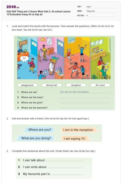 Giải SGK Tiếng anh 3 Guess What Unit 2: At school Lesson 10 Evaluation trang 43 có đáp án