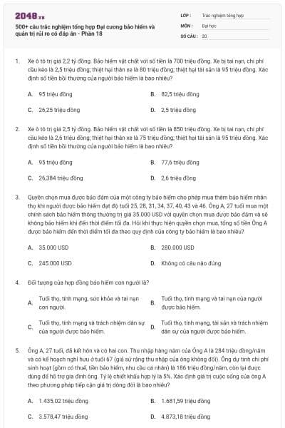 500+ câu trắc nghiệm tổng hợp Đại cương bảo hiểm và quản trị rủi ro có đáp án - Phần 18