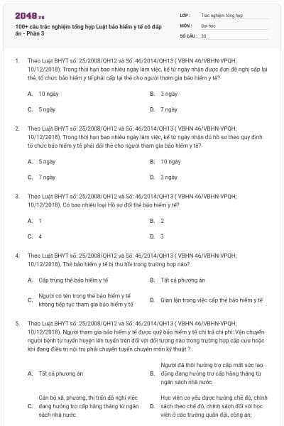 100+ câu trắc nghiệm tổng hợp Luật bảo hiểm y tế có đáp án - Phần 3
