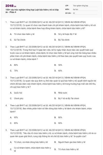 100+ câu trắc nghiệm tổng hợp Luật bảo hiểm y tế có đáp án - Phần 4