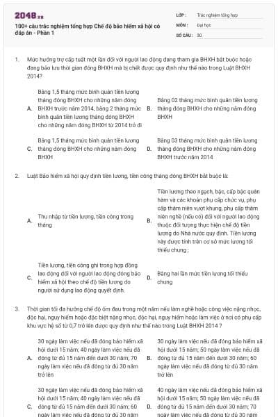 100+ câu trắc nghiệm tổng hợp Chế độ bảo hiểm xã hội có đáp án - Phần 1