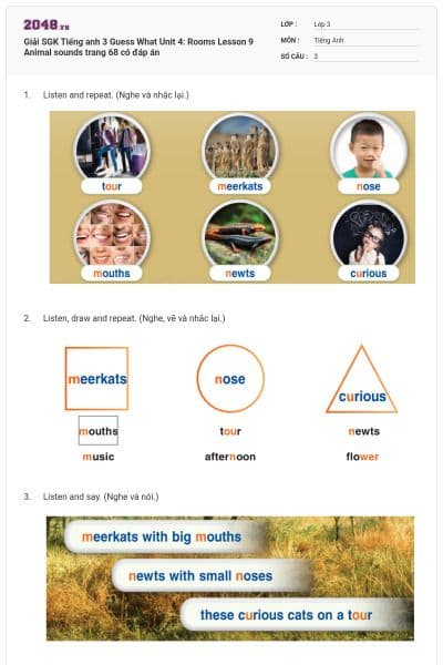 Giải SGK Tiếng anh 3 Guess What Unit 4: Rooms Lesson 9 Animal sounds trang 68 có đáp án