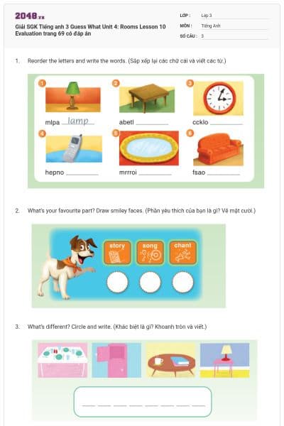 Giải SGK Tiếng anh 3 Guess What Unit 4: Rooms Lesson 10 Evaluation trang 69 có đáp án