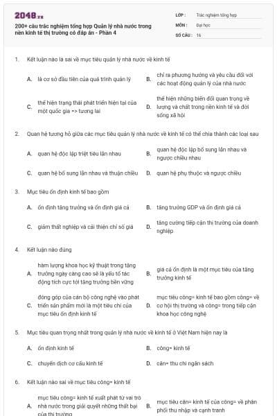 200+ câu trắc nghiệm tổng hợp Quản lý nhà nước trong nền kinh tế thị trường có đáp án - Phần 4