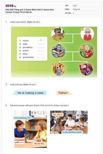 Giải SGK Tiếng anh 3 Guess What Unit 5: Home time Lesson 3 trang 76 có đáp án