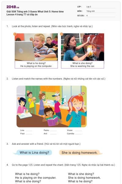 Giải SGK Tiếng anh 3 Guess What Unit 5: Home time Lesson 4 trang 77 có đáp án