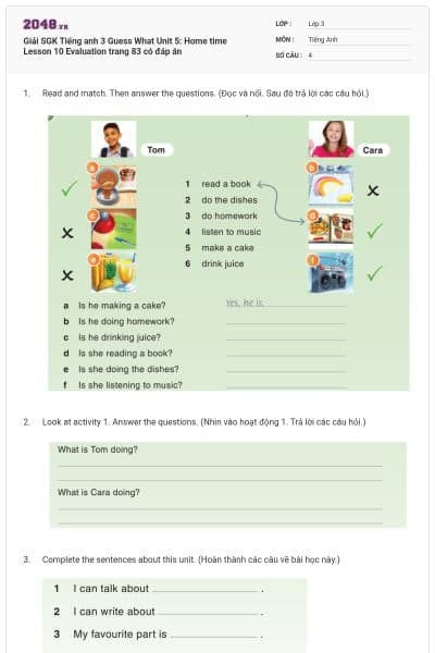 Giải SGK Tiếng anh 3 Guess What Unit 5: Home time Lesson 10 Evaluation trang 83 có đáp án