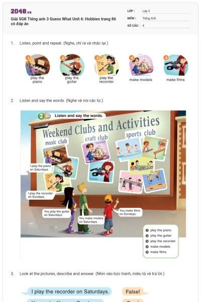 Giải SGK Tiếng anh 3 Guess What Unit 6: Hobbies trang 86 có đáp án