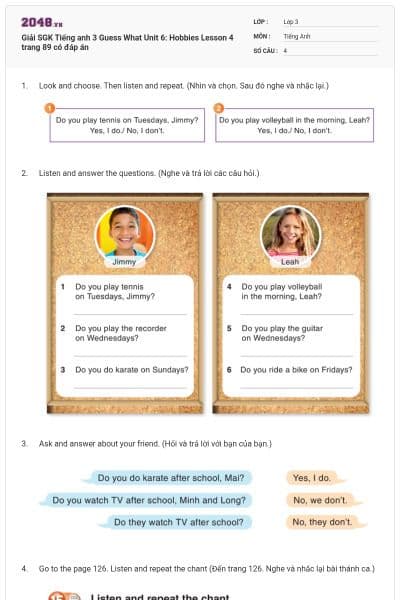 Giải SGK Tiếng anh 3 Guess What Unit 6: Hobbies Lesson 4 trang 89 có đáp án