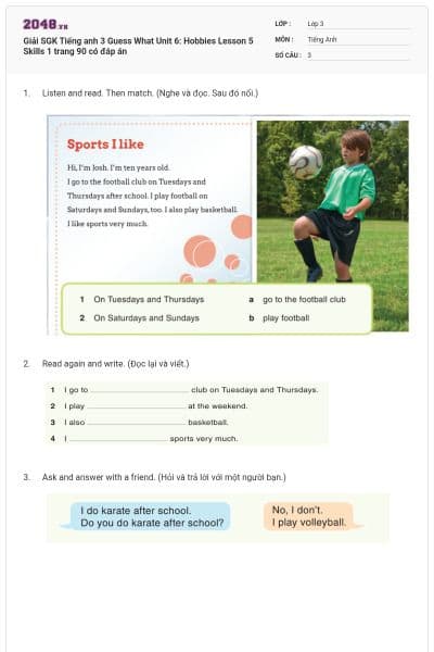 Giải SGK Tiếng anh 3 Guess What Unit 6: Hobbies Lesson 5 Skills 1 trang 90 có đáp án