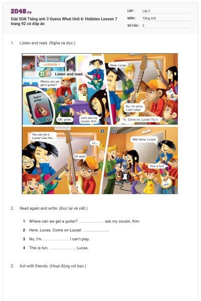 Giải SGK Tiếng anh 3 Guess What Unit 6: Hobbies Lesson 7 trang 92 có đáp án