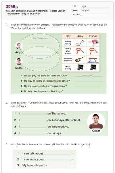 Giải SGK Tiếng anh 3 Guess What Unit 6: Hobbies Lesson 10 Evaluation trang 95 có đáp án