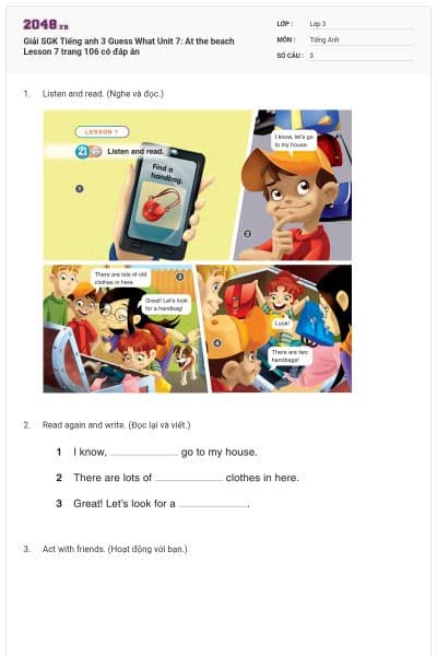 Giải SGK Tiếng anh 3 Guess What Unit 7: At the beach Lesson 7 trang 106 có đáp án