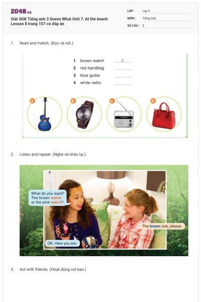 Giải SGK Tiếng anh 3 Guess What Unit 7: At the beach Lesson 8 trang 107 có đáp án