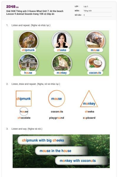 Giải SGK Tiếng anh 3 Guess What Unit 7: At the beach Lesson 9 Animal Sounds trang 108 có đáp án