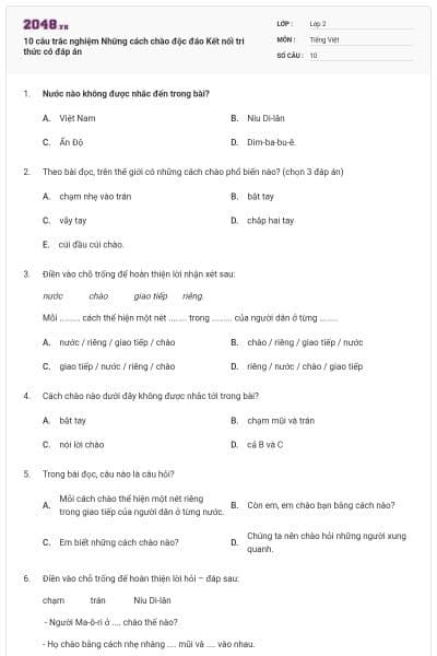 10 câu trắc nghiệm Những cách chào độc đáo Kết nối tri thức có đáp án