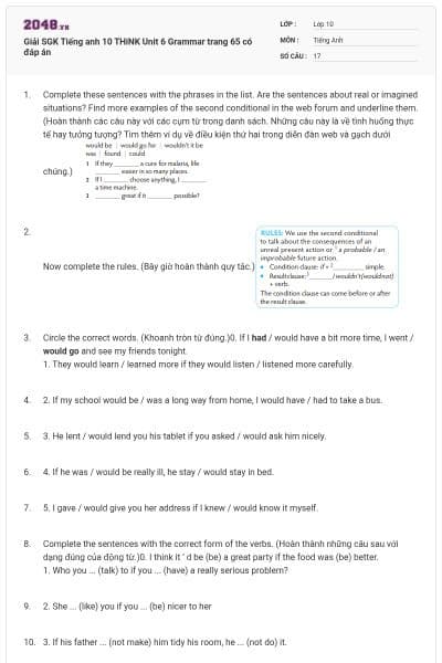 Giải SGK Tiếng anh 10 THiNK Unit 6 Grammar trang 65 có đáp án