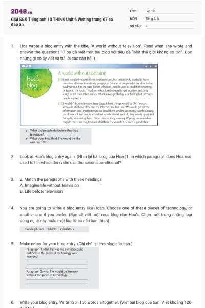 Giải SGK Tiếng anh 10 THiNK Unit 6 Writing trang 67 có đáp án