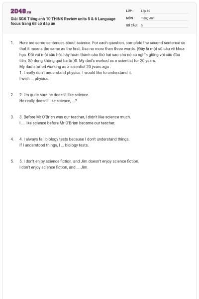 Giải SGK Tiếng anh 10 THiNK Review units 5 & 6 Language focus trang 68 có đáp án