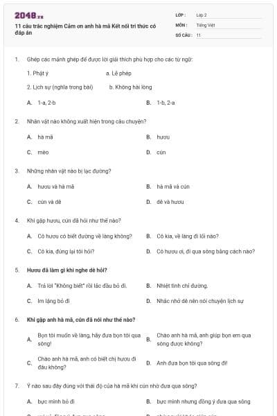 11 câu trắc nghiệm Cảm ơn anh hà mã Kết nối tri thức có đáp án