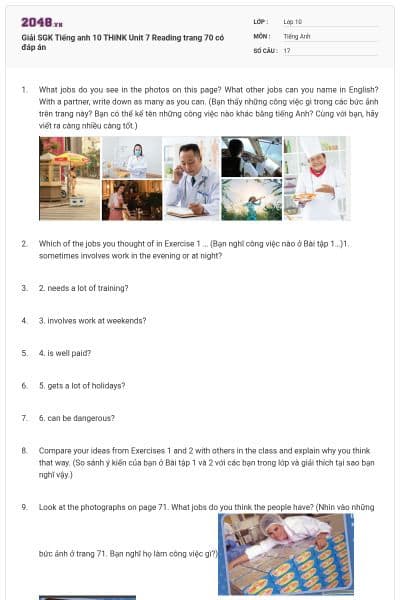 Giải SGK Tiếng anh 10 THiNK Unit 7 Reading trang 70 có đáp án