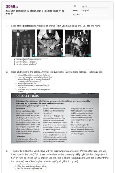 Giải SGK Tiếng anh 10 THiNK Unit 7 Reading trang 74 có đáp án