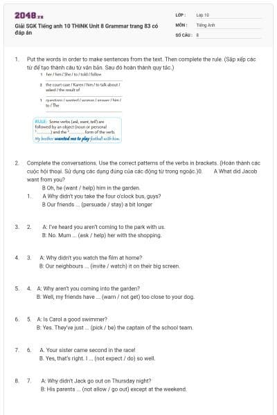 Giải SGK Tiếng anh 10 THiNK Unit 8 Grammar trang 83 có đáp án