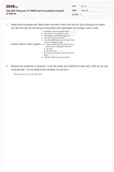 Giải SGK Tiếng anh 10 THiNK Unit 8 Vocabulary trang 83 có đáp án